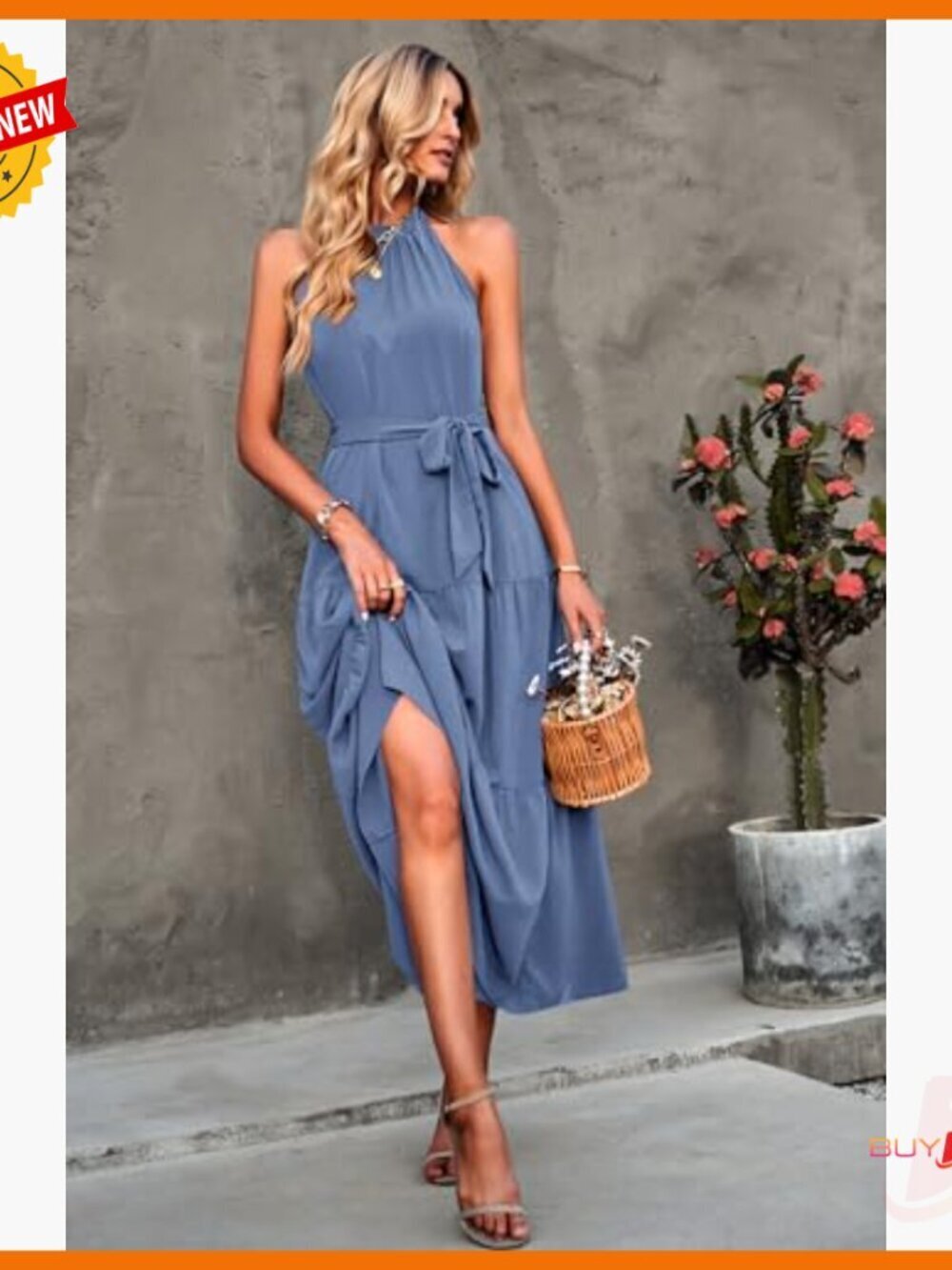 Summer Maxi Dress Sleeveless Halter Flowy Ruffle Hem with Belt Boho - Picture 5 of 7